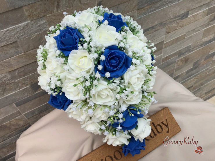 Royal Blue Roses With Gypsophila