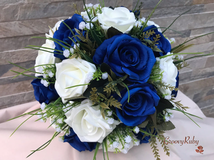 Royal Blue Silk & Ivory Roses With Gypsophila *Limited Edition*