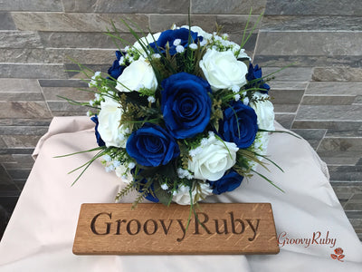 Royal Blue Silk & Ivory Roses With Gypsophila *Limited Edition*