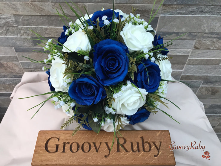 Royal Blue Silk & Ivory Roses With Gypsophila *Limited Edition*