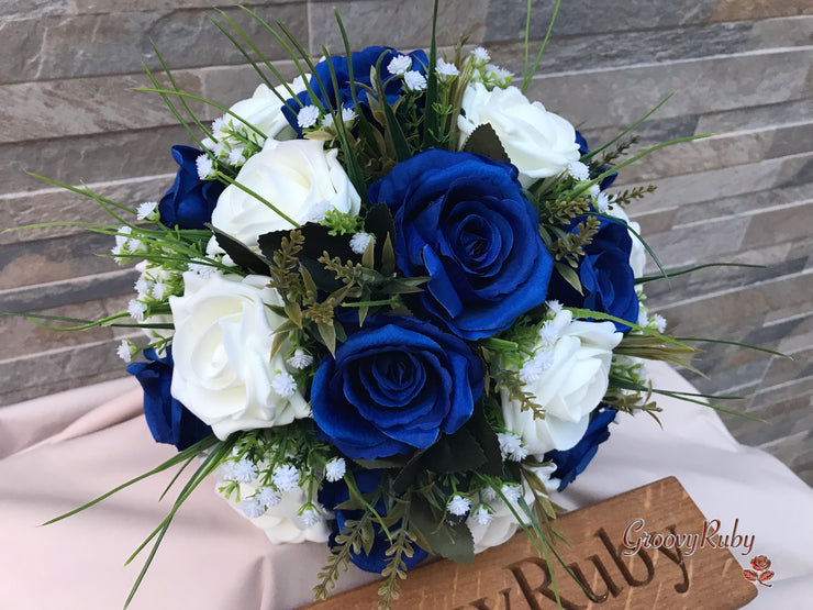 Royal Blue Silk & Ivory Roses With Gypsophila *Limited Edition*