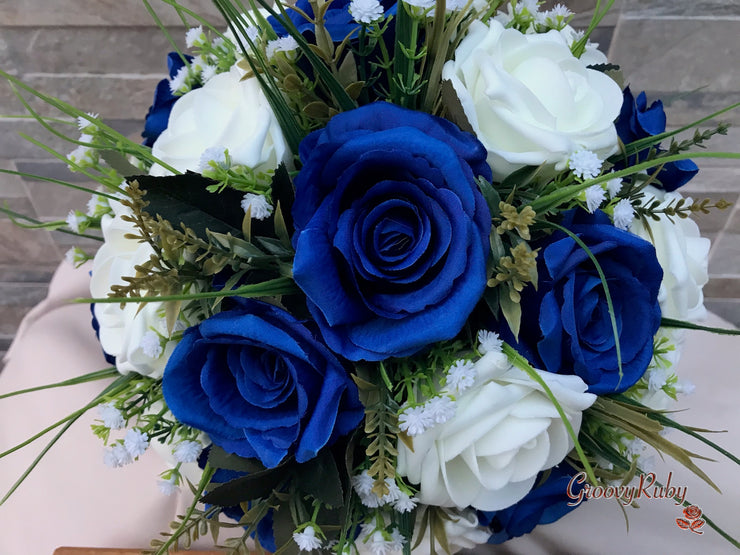 Royal Blue Silk & Ivory Roses With Gypsophila *Limited Edition*