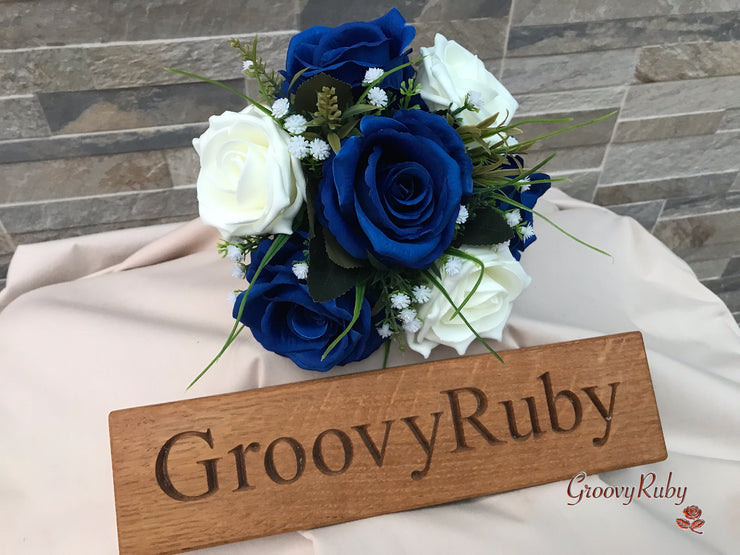 Royal Blue Silk & Ivory Roses With Gypsophila *Limited Edition*