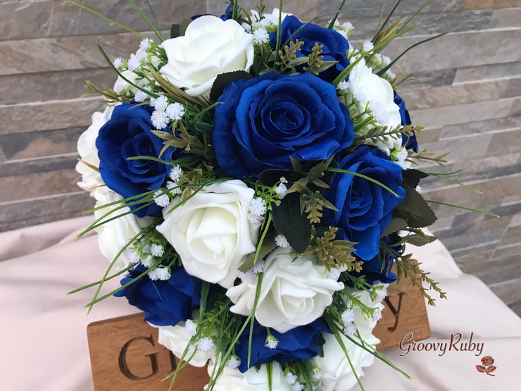 Royal Blue Silk & Ivory Roses With Gypsophila *Limited Edition*