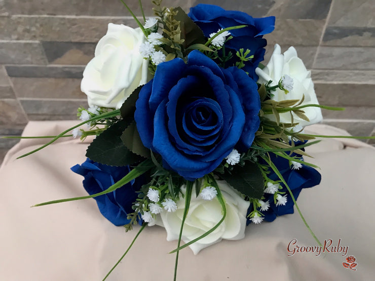 Royal Blue Silk & Ivory Roses With Gypsophila *Limited Edition*