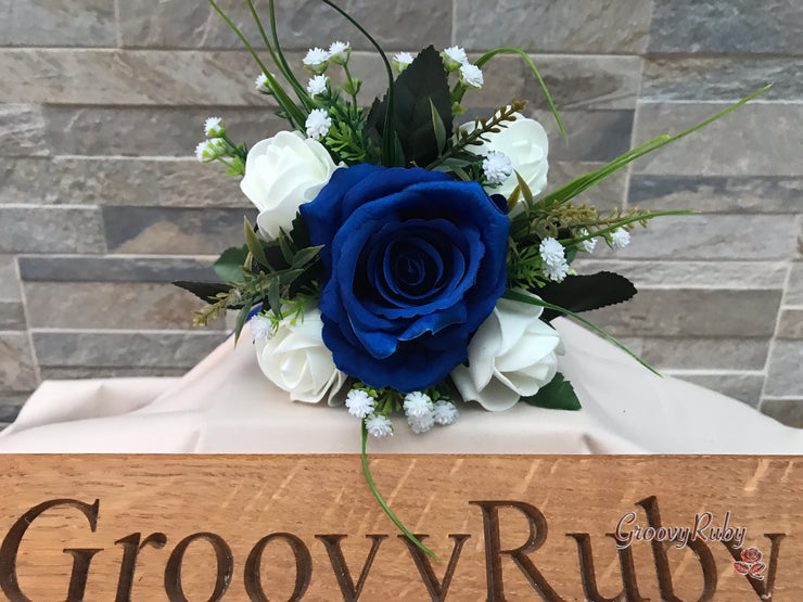 Royal Blue Silk & Ivory Roses With Gypsophila *Limited Edition*