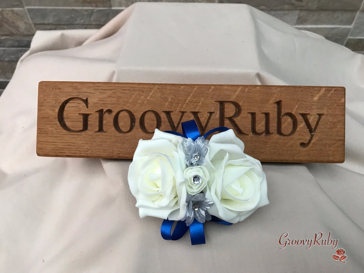 Royal Blue Silk & Ivory Roses With Gypsophila *Limited Edition*