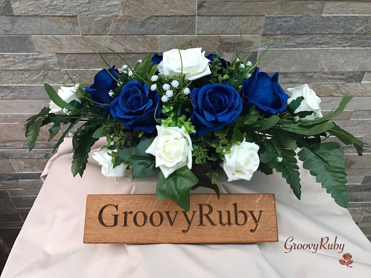 Royal Blue Silk & Ivory Roses With Gypsophila *Limited Edition*