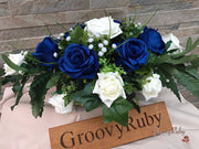 Royal Blue Silk & Ivory Roses With Gypsophila *Limited Edition*