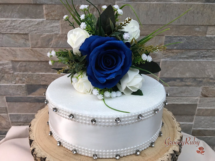 Royal Blue Silk & Ivory Roses With Gypsophila *Limited Edition*