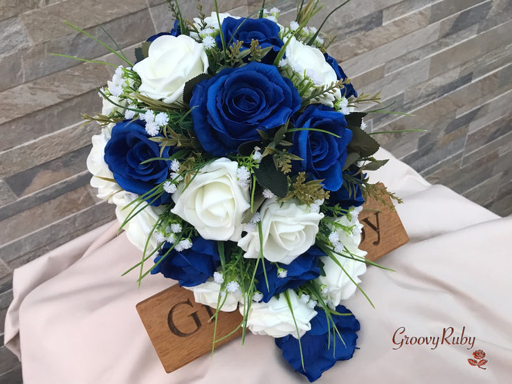 Royal Blue Silk & Ivory Roses With Gypsophila *Limited Edition*