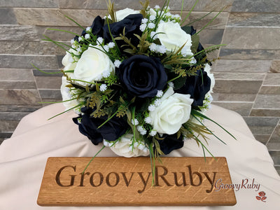 Navy Silk & Ivory Roses With Gypsophila *Limited Edition*