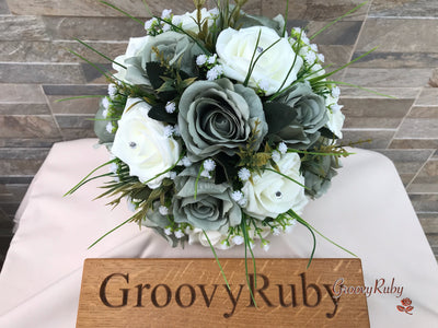 Sage Green Silk & Ivory Roses With Gypsophila *Limited Edition*