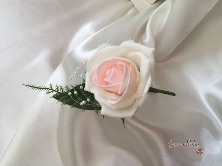 Blush Pink & Ivory Roses With Gypsophila & Pearl Sprays