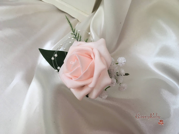 Blush Pink & Ivory Roses With Gypsophila & Pearl Sprays