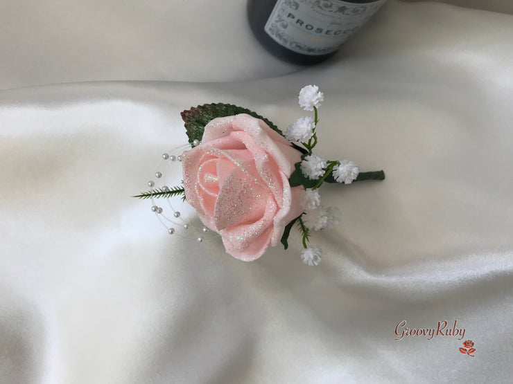 Glitter Blush Pink Roses With Gypsophila & Pearl Sprays