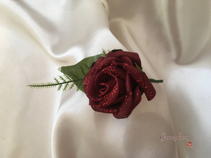 Burgundy Glitter Rose With Silver Babies Breath