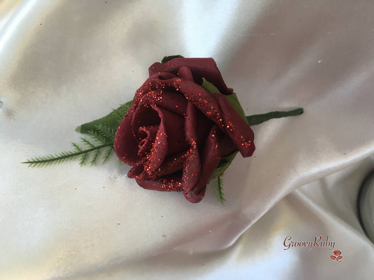 Burgundy Glitter Rose With Pearls & Pearl Diamante Brooch