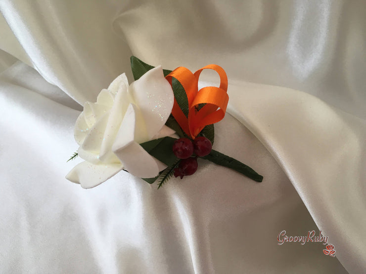 Ivory Glitter Rose, Orange Calla Lily, Burgundy Rose & Berries