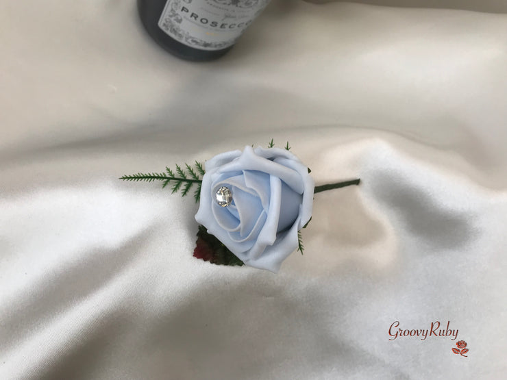 Ice Blue, Silver & White Roses With Delicate Heart Brooch