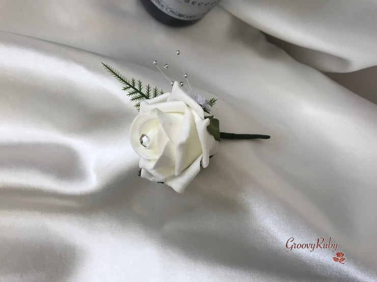 Red & Ivory Rose With Silver & Crystal Butterfly
