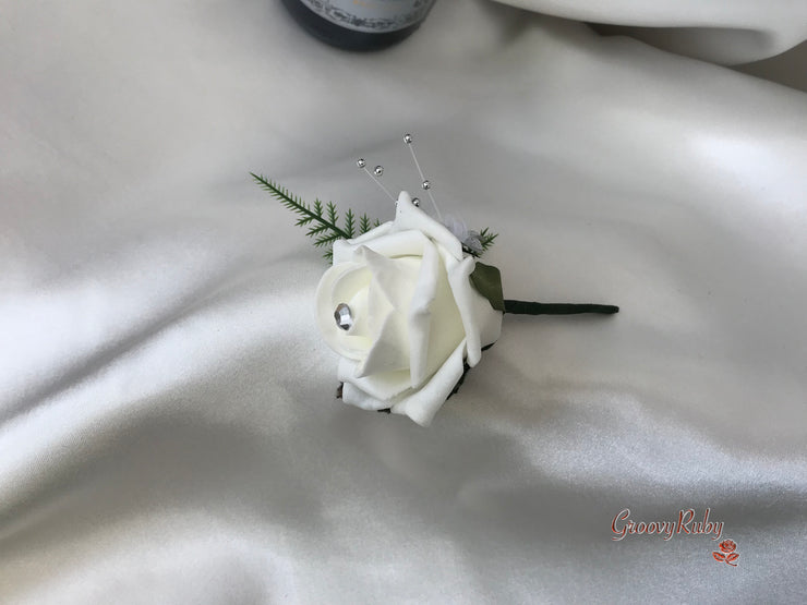 Navy & Ivory Rose With Silver & Crystal Butterfly