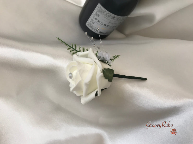 Royal Blue & Ivory Rose With Silver & Crystal Butterfly