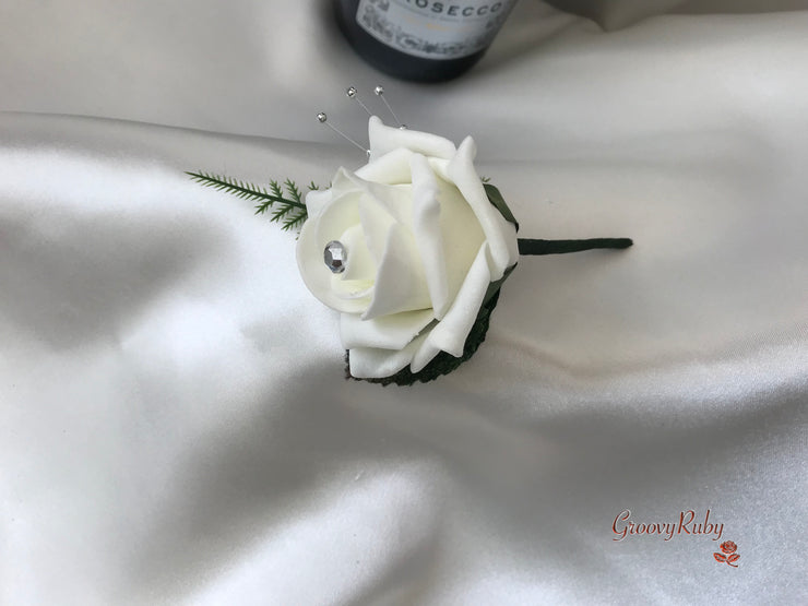 Grey & Ivory Rose With Silver & Crystal Butterfly