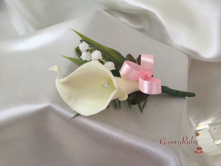 Baby Pink Rose, Lily of the Valley & Large Calla Lily With Diamante Brooch