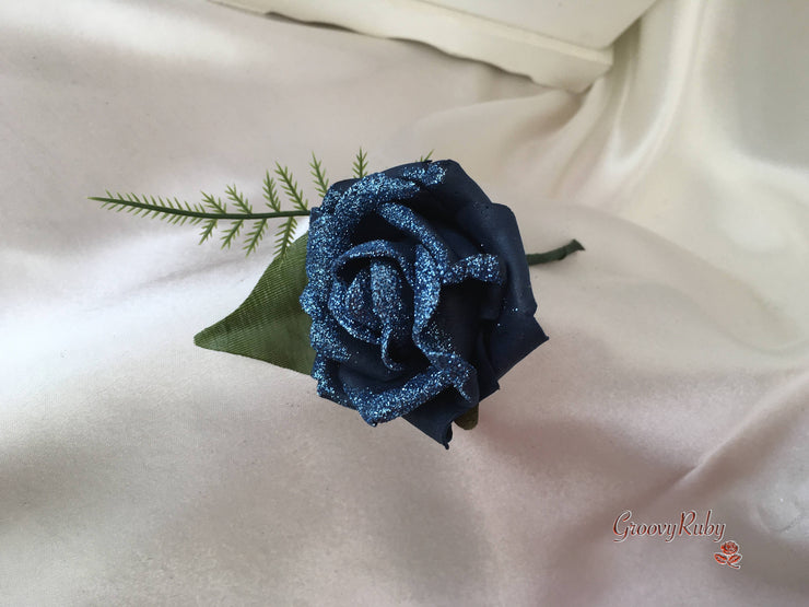 Navy Glitter Rose With Silver Babies Breath