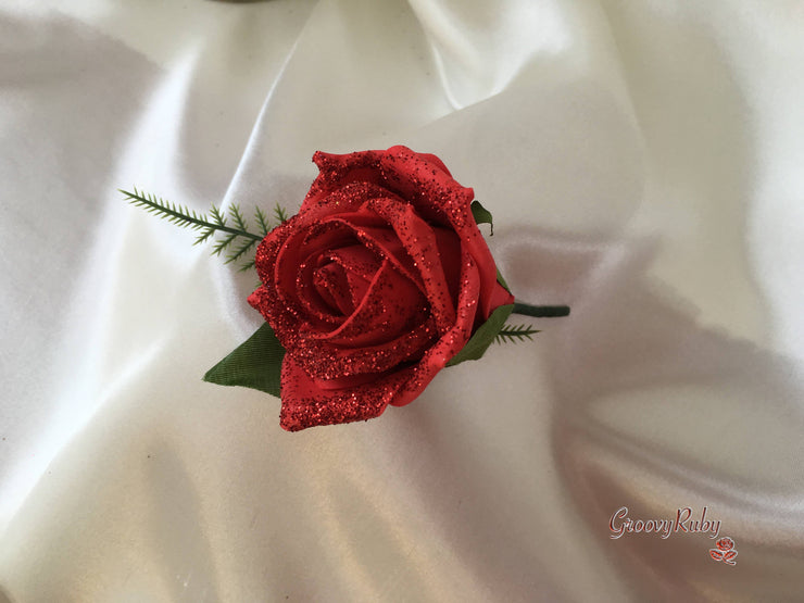 Red Glitter Rose With Silver Babies Breath