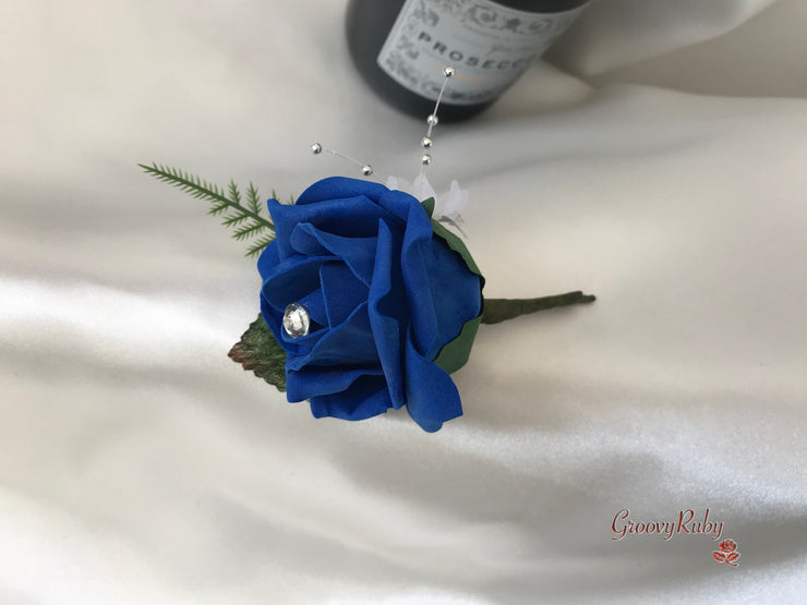 Royal Blue & Ivory Rose With Silver & Crystal Butterfly