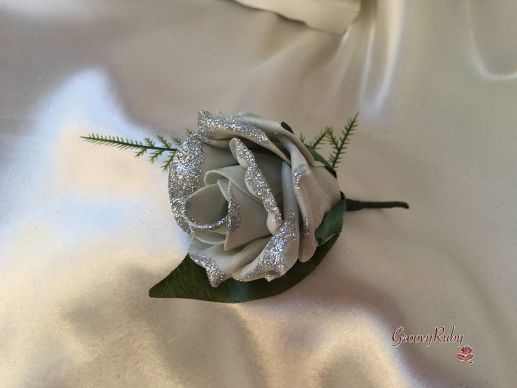 Silver Glitter & Dusky Pink Rose With Silver Babies Breath