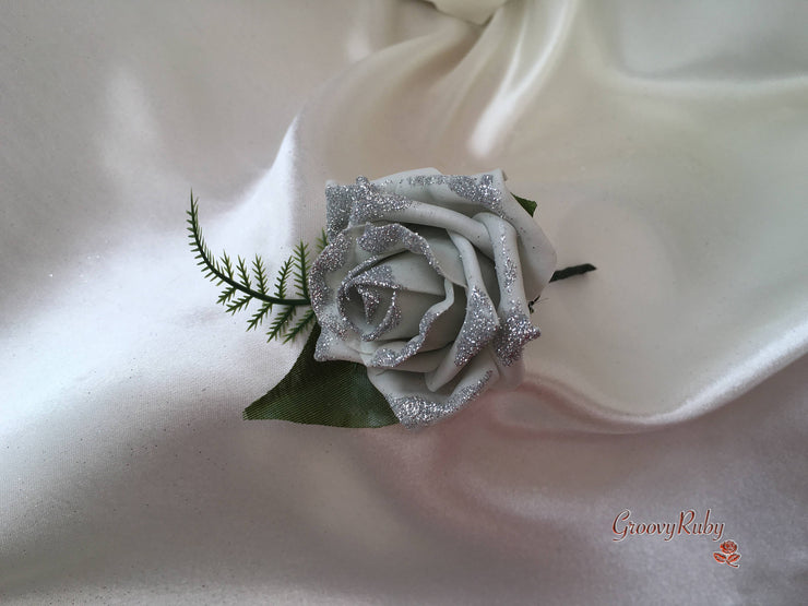 Silver Glitter Rose With Silver Babies Breath