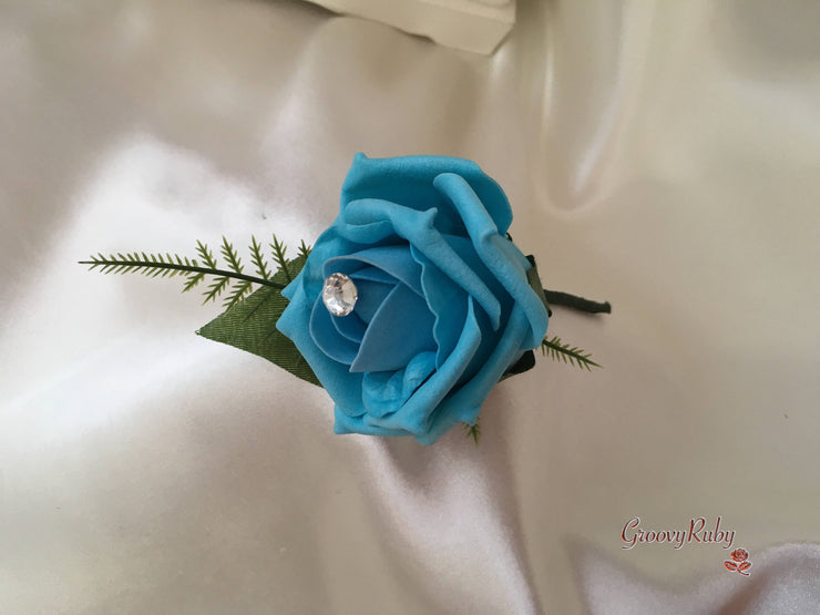 Rose Bouquets With Turquoise Satin Diamante Flowers