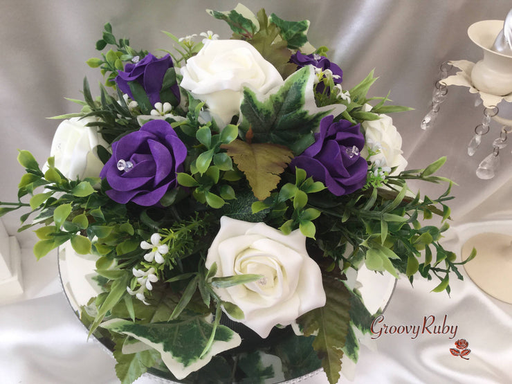 Cadbury Purple & Ivory Rose Small Round Table Arrangement