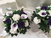 White Purple Centred Calla Lilies & White & Purple Rose Small Round Table Centrepiece