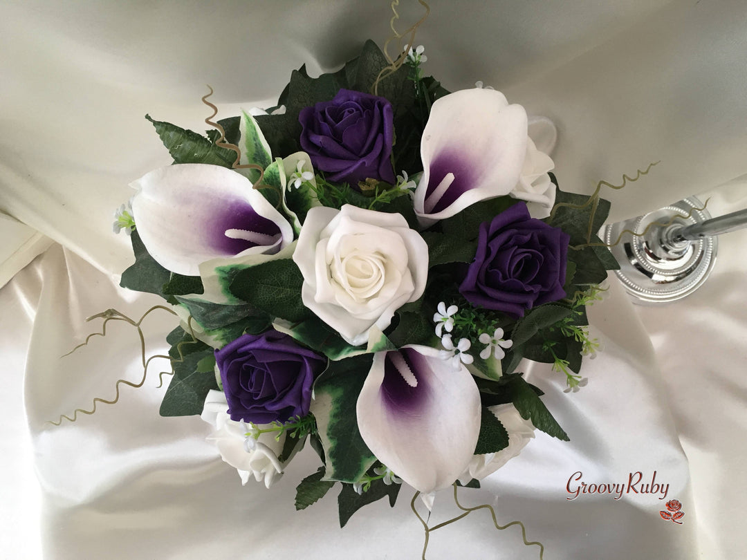 purple roses and white calla lilies White Purple Centred Calla Lilies & White & Purple Rose Small Round Ta –  GroovyRuby Ltd