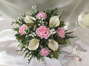 Baby Pink Rose, Lily of the Valley & Large Calla Lily With Diamante Brooch