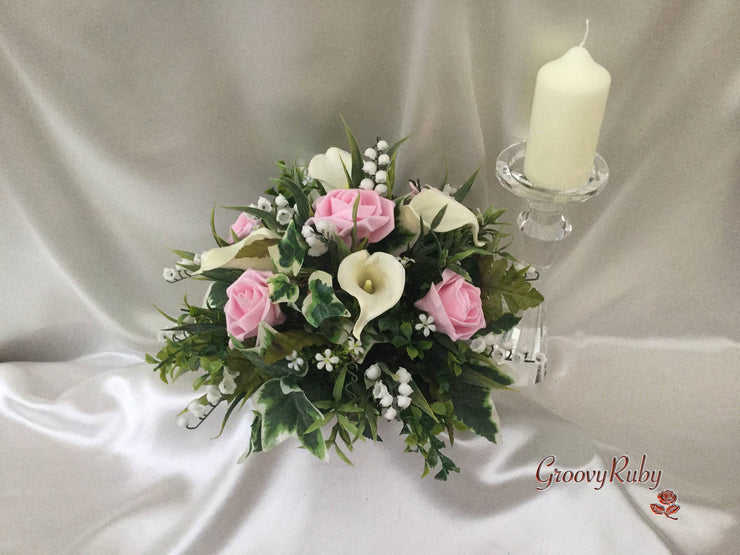 Baby Pink Rose, Large Calla Lily & Lily of the Valley Small Round Table Centrepiece