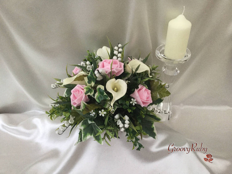 Baby Pink Rose, Lily of the Valley & Large Calla Lily With Diamante Brooch