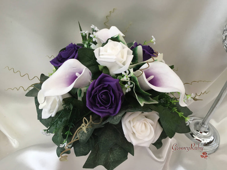 White Purple Centred Calla Lilies & White & Purple Rose Small Round Table Centrepiece