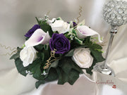 White Purple Centred Calla Lilies & White & Purple Rose Small Round Table Centrepiece