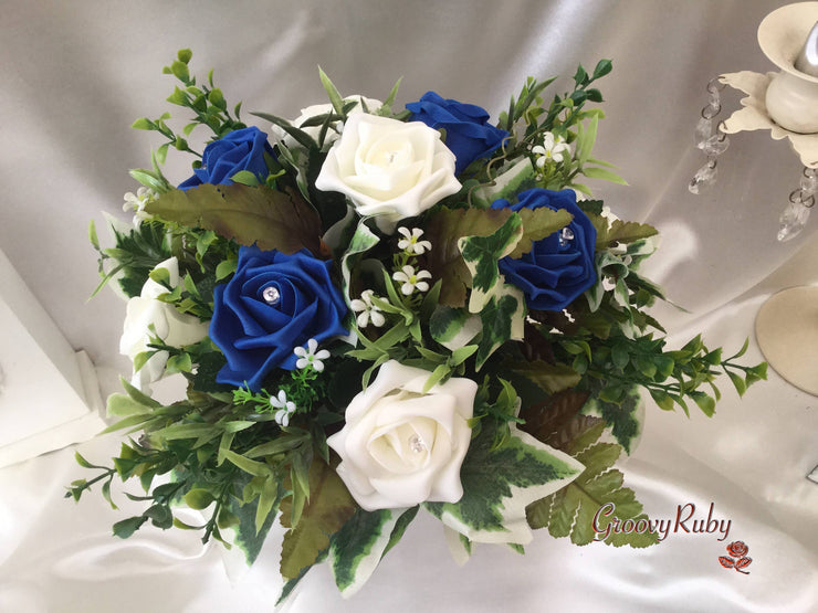 Royal Blue & Ivory Rose Small Round Table Arrangement