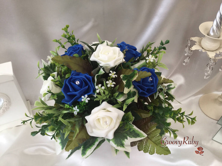 Royal Blue & Ivory Rose Small Round Table Arrangement