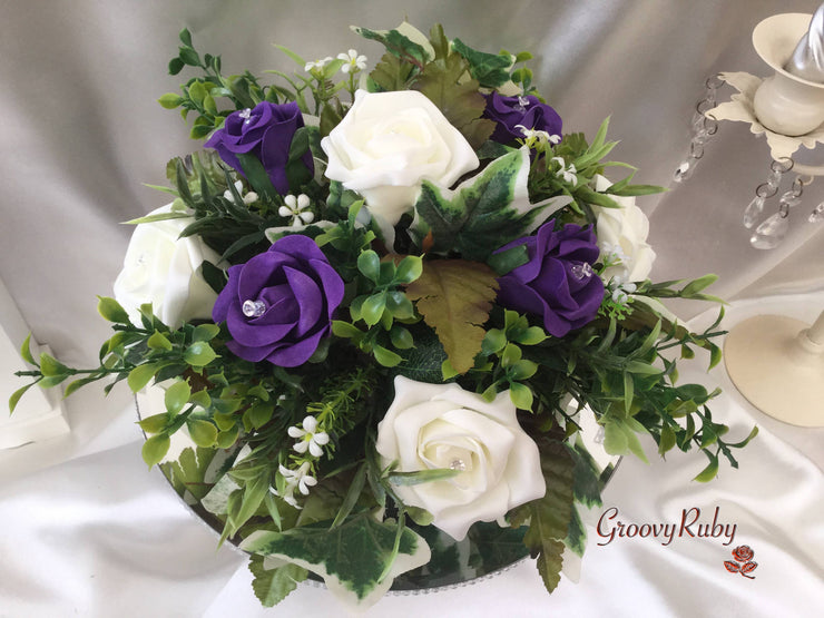 Cadbury Purple & Ivory Rose Small Round Table Arrangement