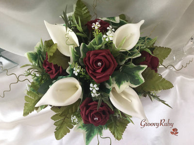 Burgundy Rose & Ivory Calla Lily Small Round Table Arrangement