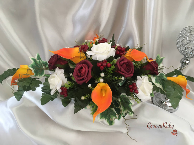 Ivory Glitter Rose, Orange Calla Lily, Burgundy Rose & Berries