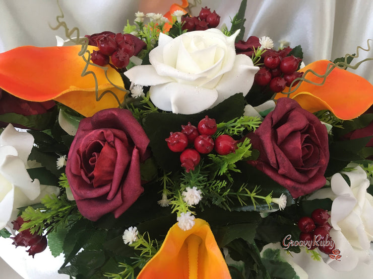 Ivory Glitter Rose, Orange Calla Lily, Burgundy Rose & Berries