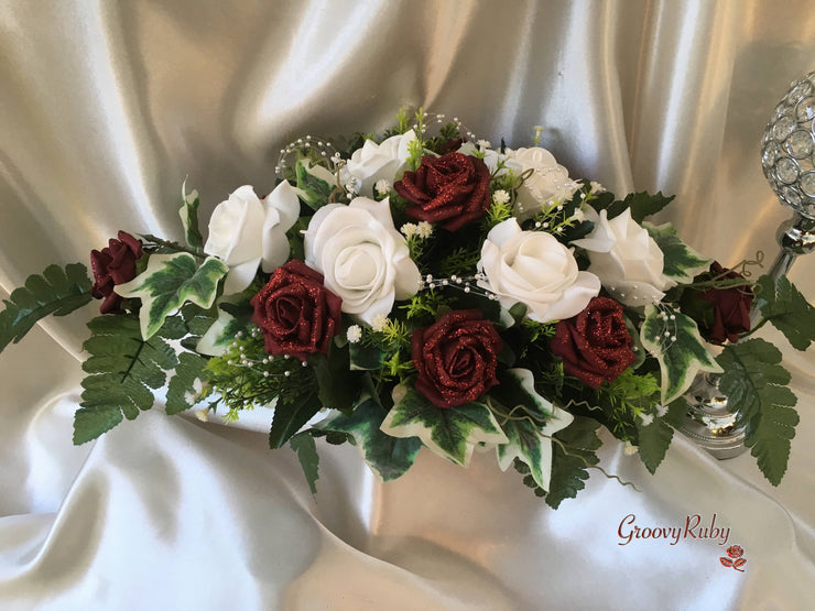 Burgundy Glitter Rose With Pearls & Pearl Diamante Brooch